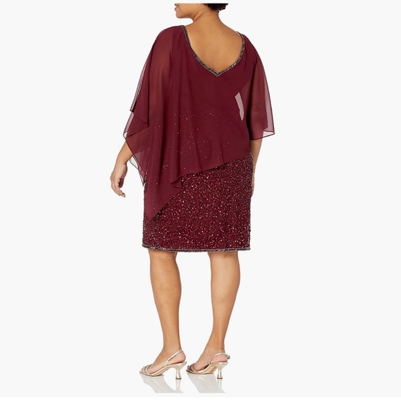J Kara Women's Size Caplet V-Neck Short Cocktail Beaded Dress, Cranberry Multi - Picture 3 of 11